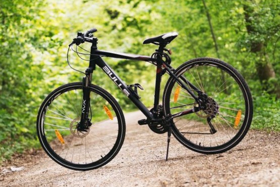 Black mountain bike on a kickstand beside a gravel path through a sunlit green forest